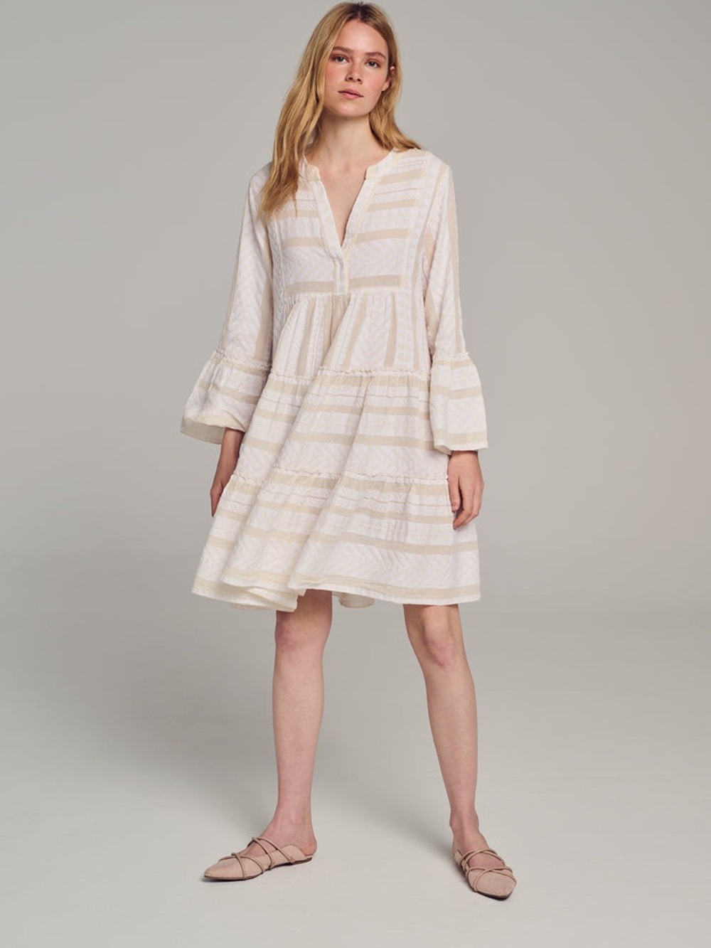 Devotion Twins Ella Cotton Boho Tiered Mini Dress M Ecru Off White